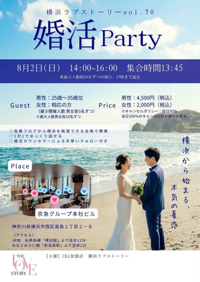 Poster for a beach wedding-party event in Yokohama; couple in wedding attire on the shore with '婚活 Party' text and date 8月2日 14:00–16:00.